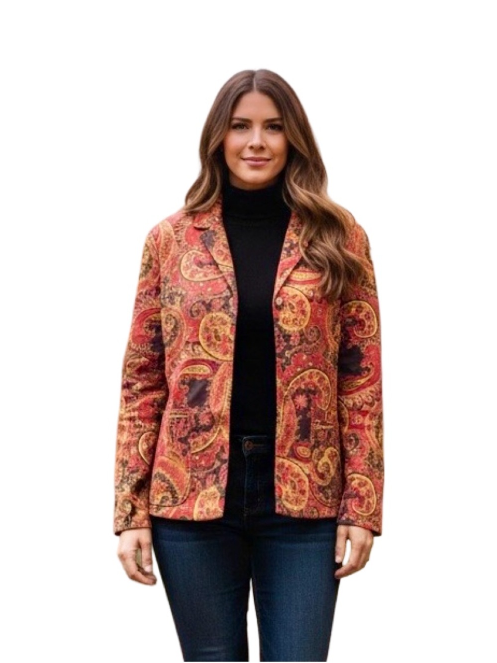 Erin London Vintage Tapestry Bohemian Paisley Pattern Long Sleeves Shoulder Pads